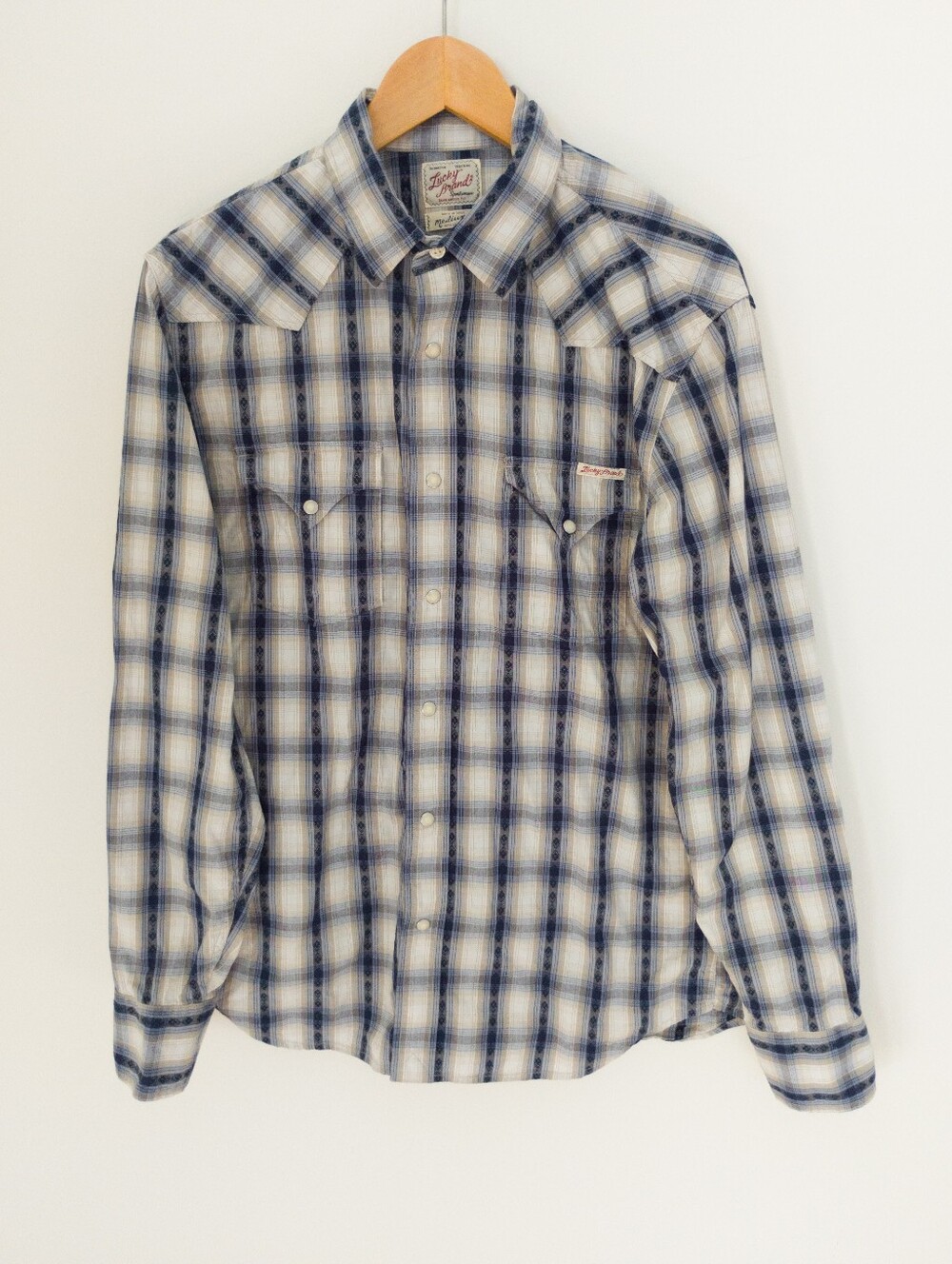 Lucky Brand Men's Plaid Western Shirt Medium Blue Beige Cotton Pearl Snap